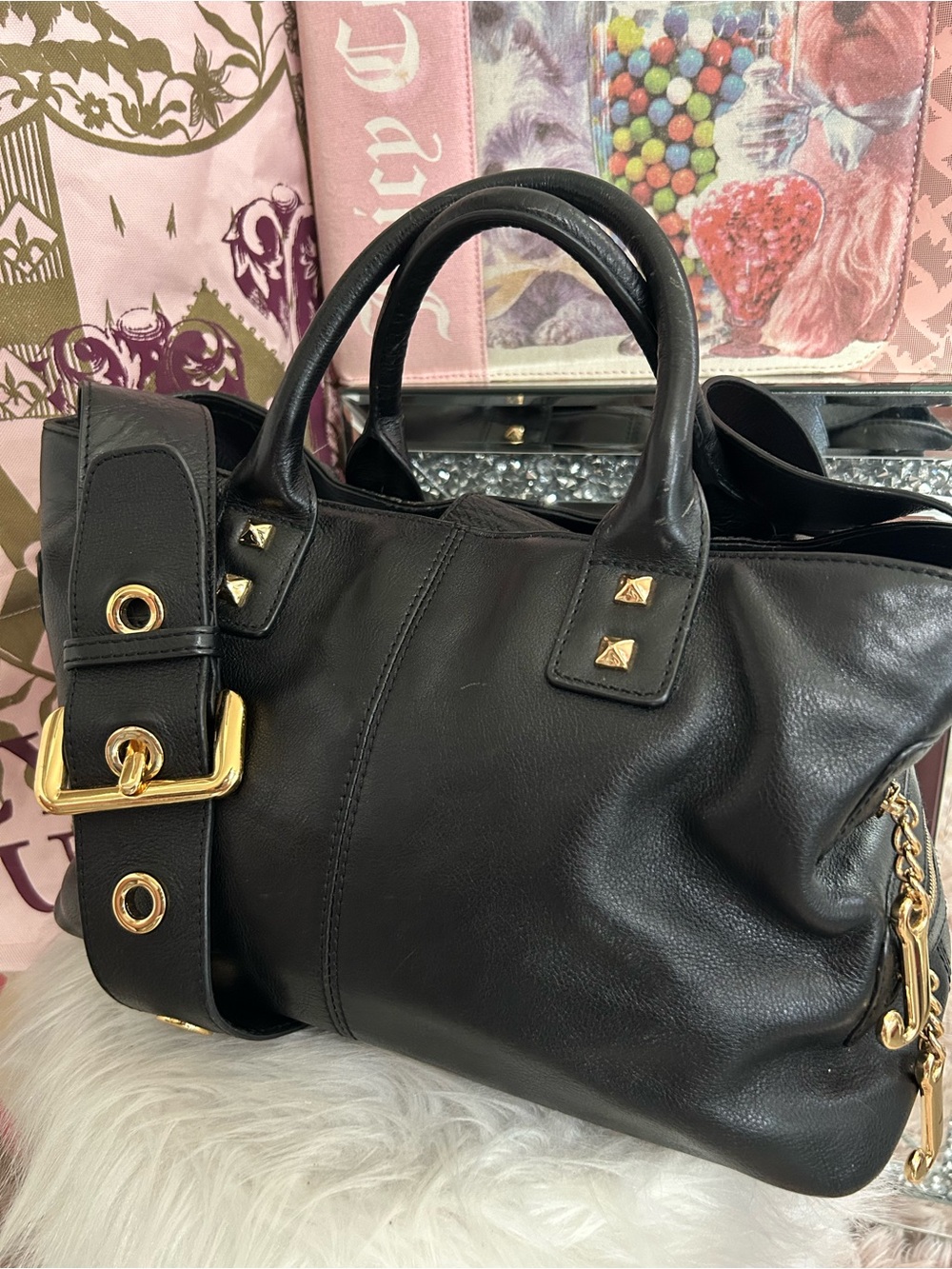 Vintage Juicy Couture Black Leather Satchel Bag With Strap